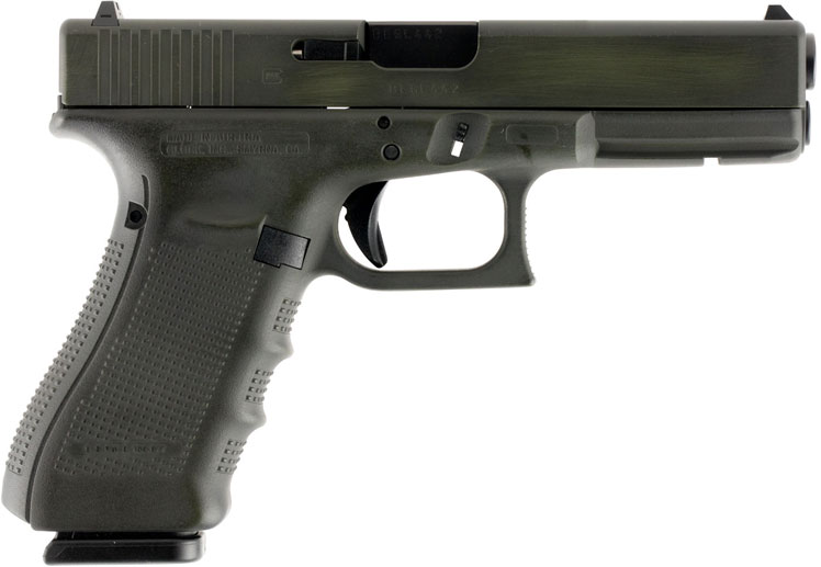 Glock G17 Gen 4 Pistol PG1750203SBW, 9mm Luger, 4.48", OD Green Interchangeable Backstrap Grips, OD Green Battleworn Finish, 17 Rd