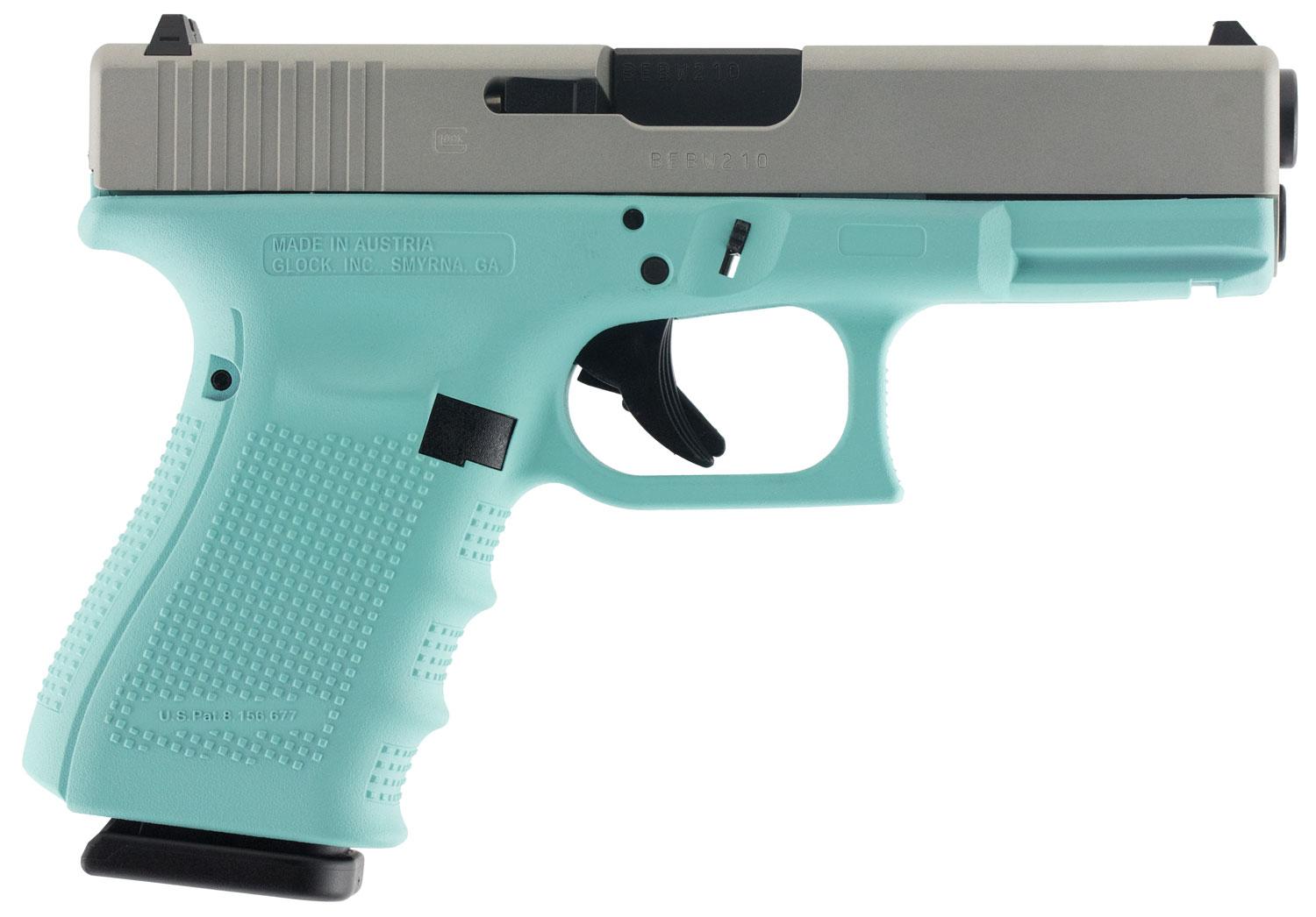 Glock G19 Gen 4 Pistol PG1950203RES, 9mm Luger, 4.01", Robin Egg Blue Interchangeable Backstrap Grips, Robin Egg Blue Finish, 15 Rd