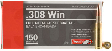 AGUILA Rifle Ammunition 1E308110, 308 Winchester, Full Metal Jacket, 150 GR, 2750 fps, 20 Rdbx