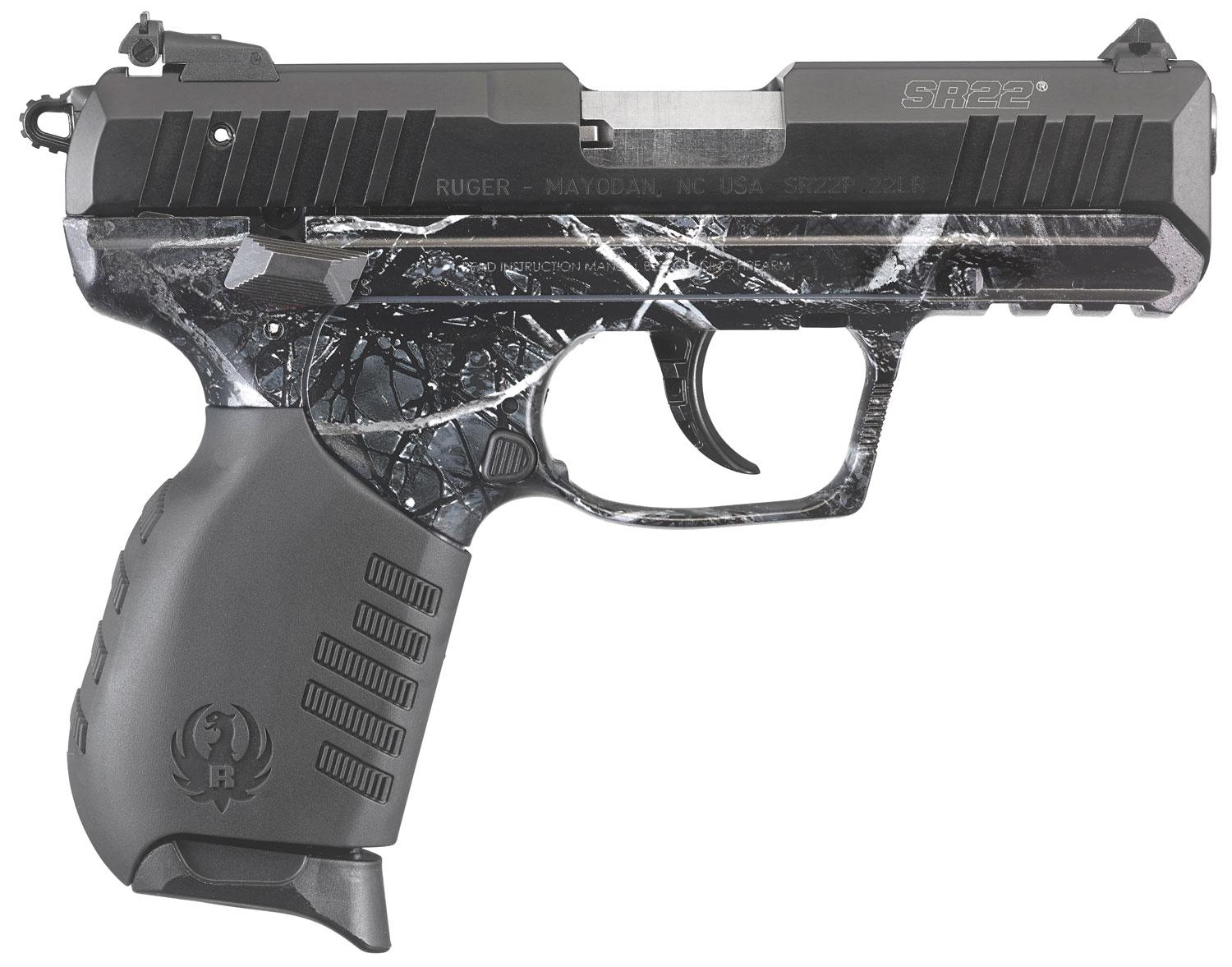 Ruger SR22 Standard Pistol 3637, 22 Long Rifle, 3.5", Black Rubber Grips, Moon Shine Harvest Camo Finish, 10 Rd