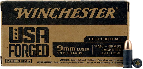 Winchester USA Forged Steel Case Pistol Ammunition WIN9SV, 9mm Luger, Full Metal Jacket, 115 GR, 1190 fps, 50 Rd/Bx
