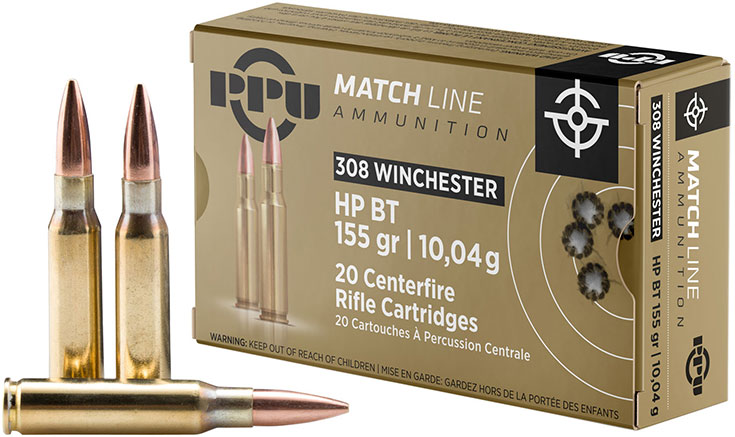 Prvi Partizan Rifle Ammunition PPM3081, 308 Winchester, Hollow Point Boat Tail (HPBT), 155 GR, 2569 fps, 20 Rd/bx