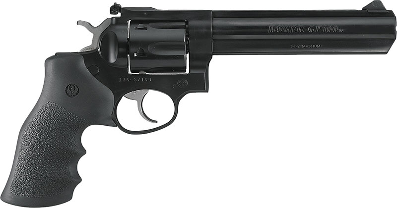 Ruger GP100 Double Action Revolver 1704, 357 Magnum, 6 in, Black Hogue Monogrip, Blue Steel Finish, 6 rd, Adj Sights