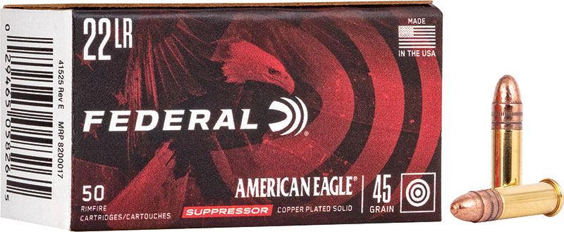 Federal American Eagle Suppressor Rimfire Ammunition AE22SUP1, 22 Long Rifle, Copper Plated Round Nose (CPRN), 45 GR, 970 fps, 50 Rd/bx