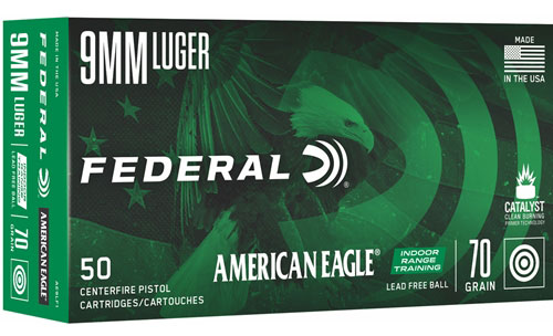 Federal American Eagle Indoor Range Training Pistol Ammunition AE9LF1, 9mm, Lead Free Ball, 70 GR, 1625 fps, 50 Rd/bx