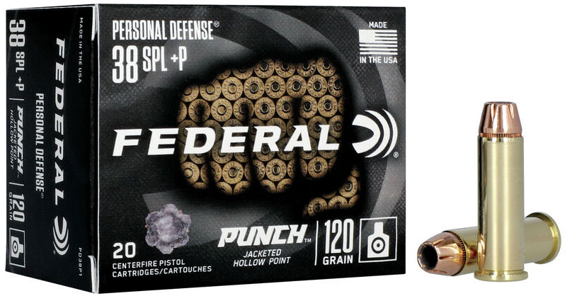 Federal Premium Punch Pistol Ammunition PD38P1, 38 Special, Jacketed Hollow Point (JHP), 120 gr, 1000 fps, 20 Rd/Bx