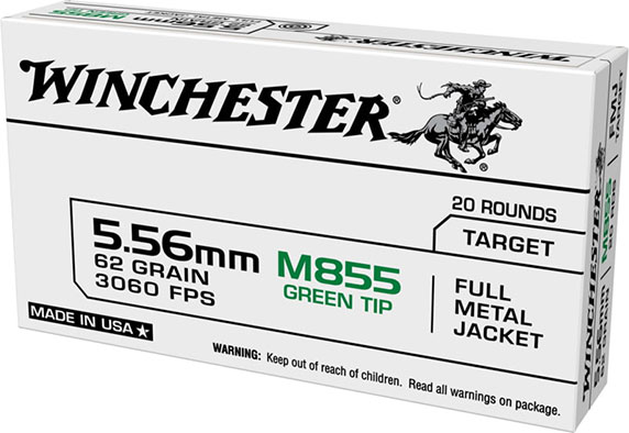 Winchester USA Rifle Ammunition USA855K, 5.56x45mm NATO, Full Metal Jacket Lead Core (FMJLC), 62 gr, 20 Rd/Bx