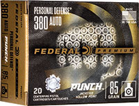 Federal Premium Punch Pistol Ammunition PD380P1, 380 ACP, Jacketed Hollow Point (JHP), 85 GR, 1000 fps, 20 Rd/bx