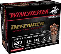 Winchester Defender Shotshells SB203PD, 20 Gauge, 2-3/4", 20 Pellets, 1145 fps, #3 Copper Plated Lead Buckshot, 10 Rd/bx