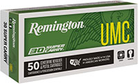 Remington UMC Handgun Ammunition R20015, 30 Super Carry, Full Metal Jacket (FMJ), 100 GR, 1250 FPS, 50 Rd/bx