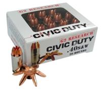 G2 Research Civic Duty Pistol Ammunition , 40 S&W, Copper Expansion Projectile, 122 GR, 1000 fps, 20 Rd/Bx