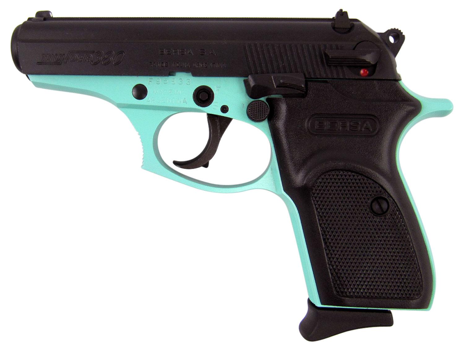 Bersa Thunder 380 Pistol T380BLM8, 380 Automatic Colt Pistol ACP, 3.5", Black Polymer Grips, Robin Egg Blue Finish, 8 Rds