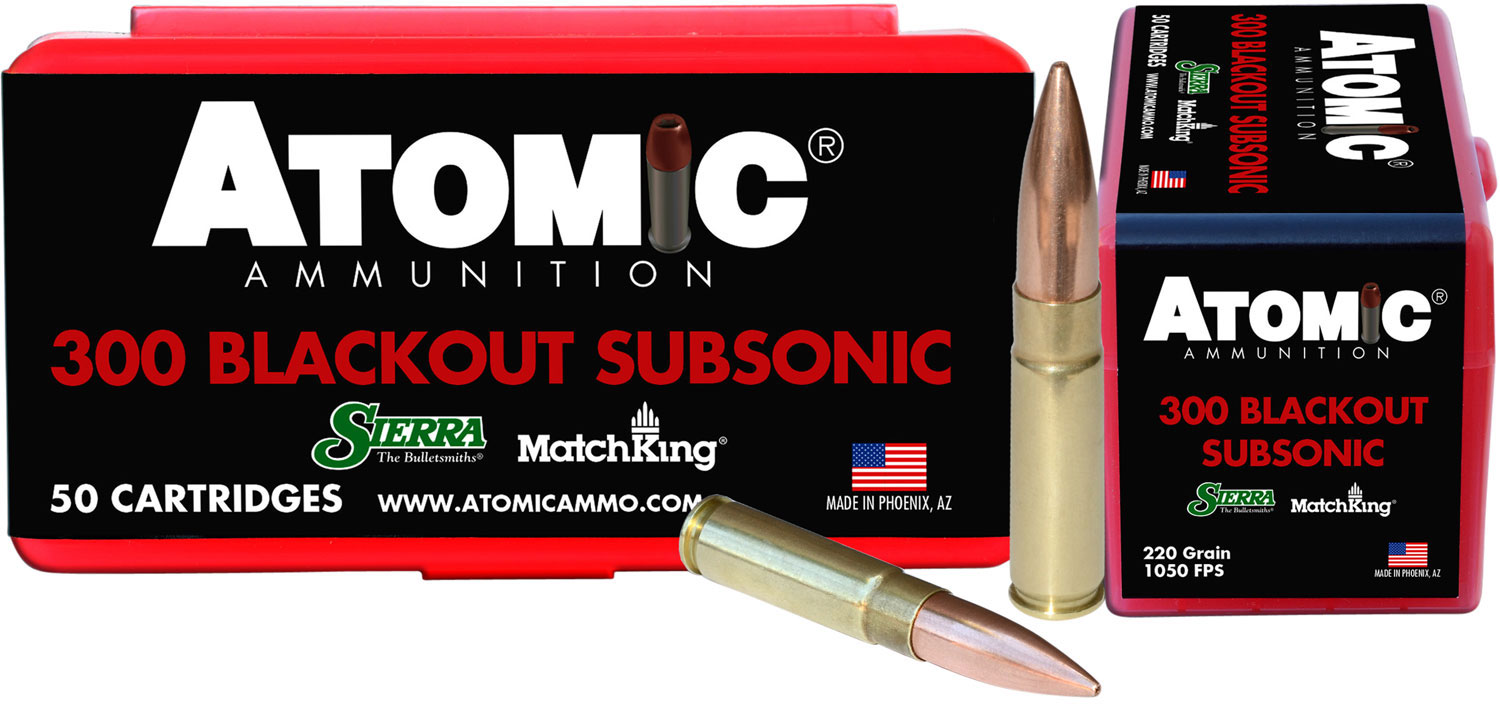 Atomic Subsonic Rifle Ammunition 00465, 300 AAC Blackout, MatchKing, 220 GR, 1050 fps, 50 Rds/Bx