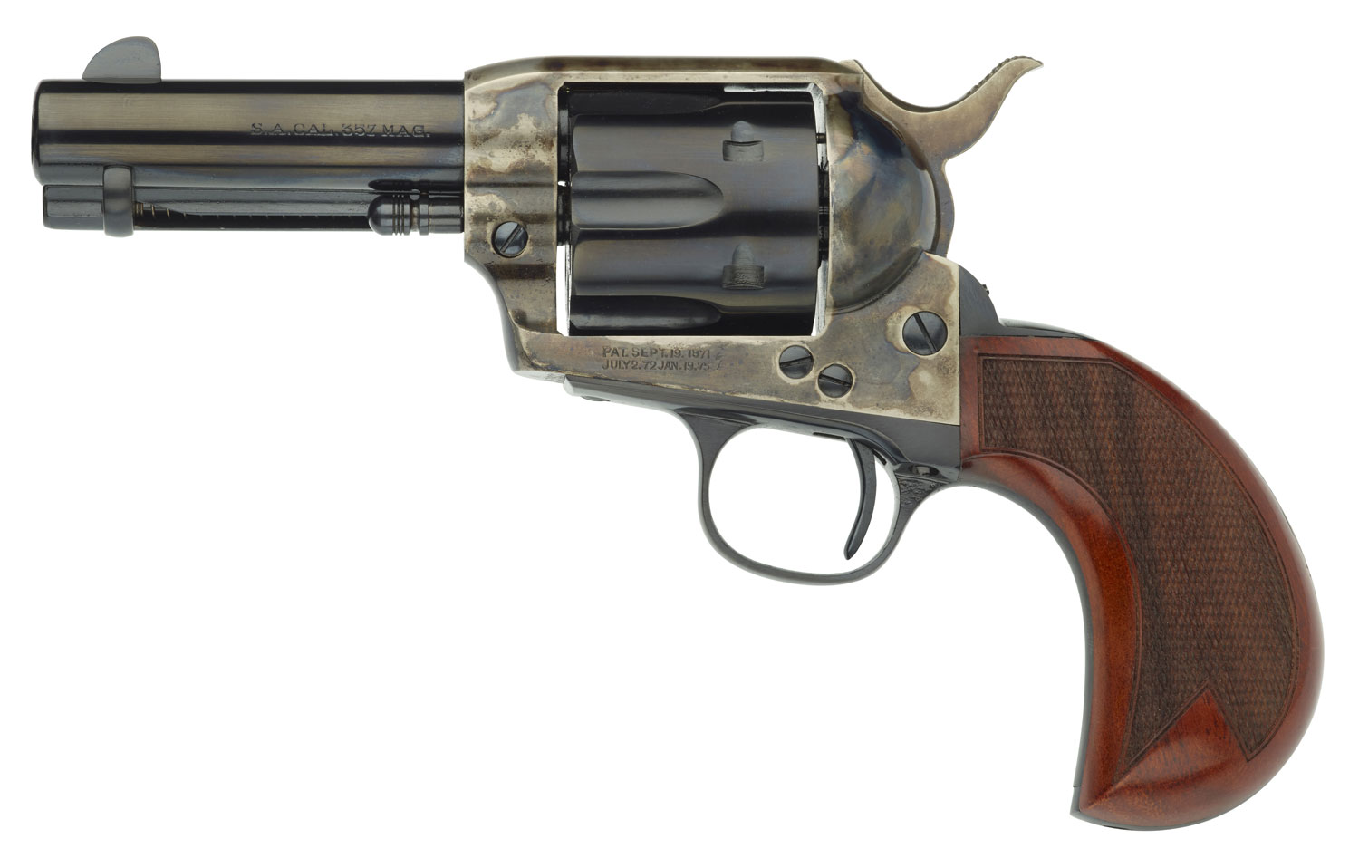 Taylors 1873 Cattleman Revolver 555133, 45 Colt (LC), 3.50", Checkered Birdshead Walnut Grip, Blued Finish, 6 Rd