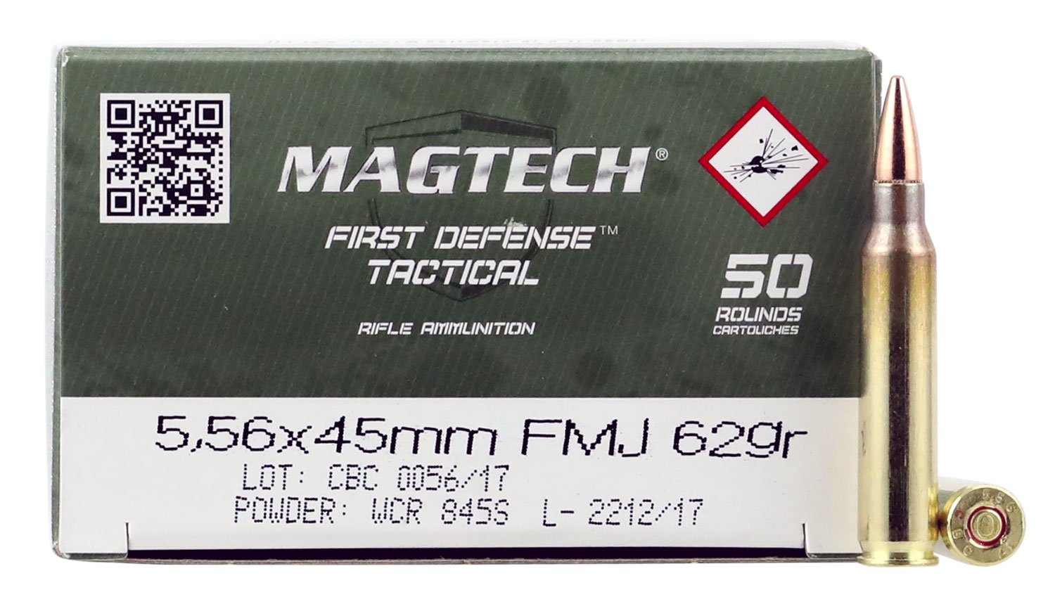 Magtech Rifle Ammunition 556B, 5.56x45mm NATO, Full Metal Jacket (FMJ), 62 gr, 1311 ft lbs, 50 Rd/Bx