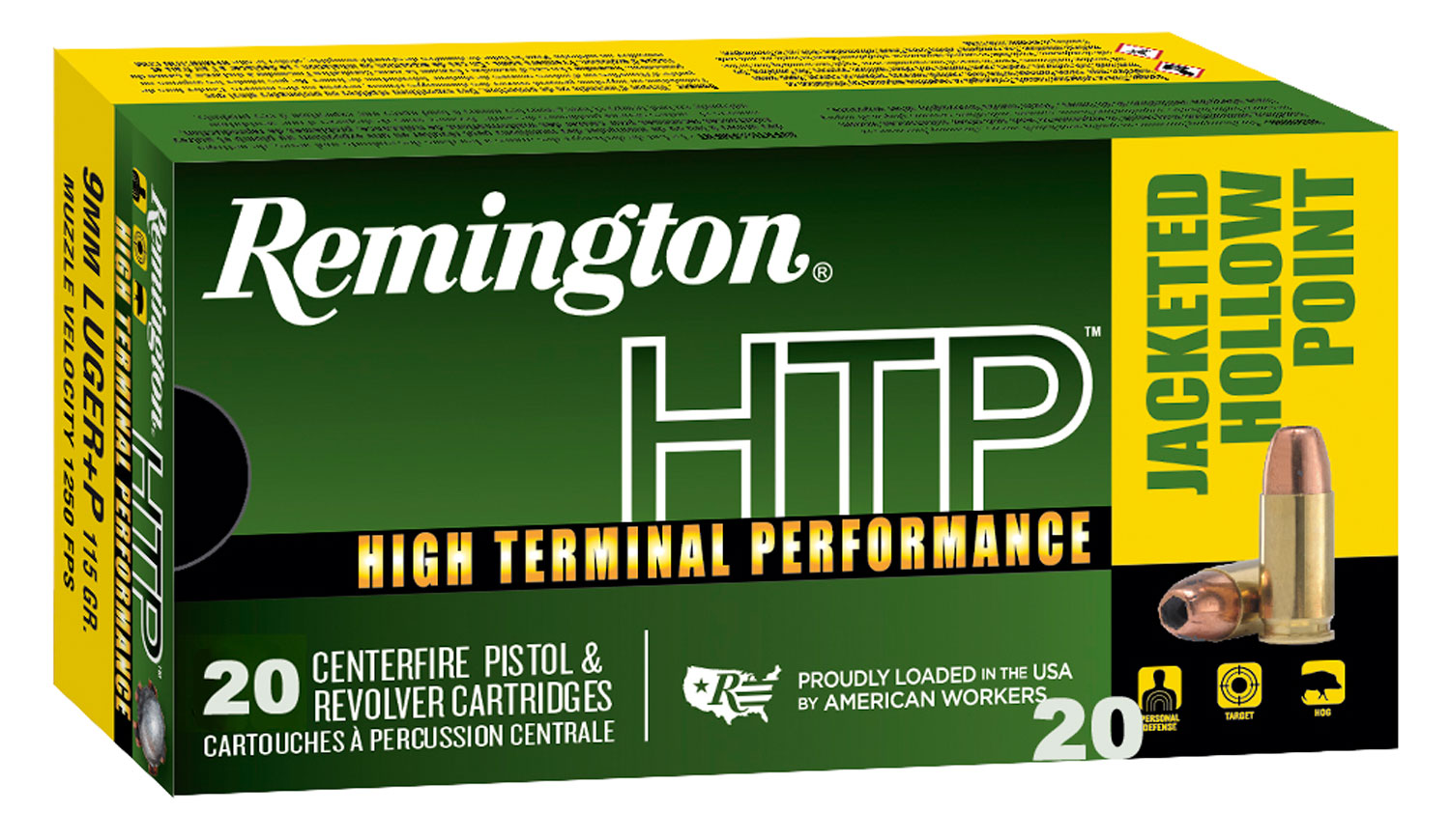Remington HTP Pistol Ammunition 28293, 9mm Luger, JHP, 115 gr, 1250 fps, 20 Rd/Bx