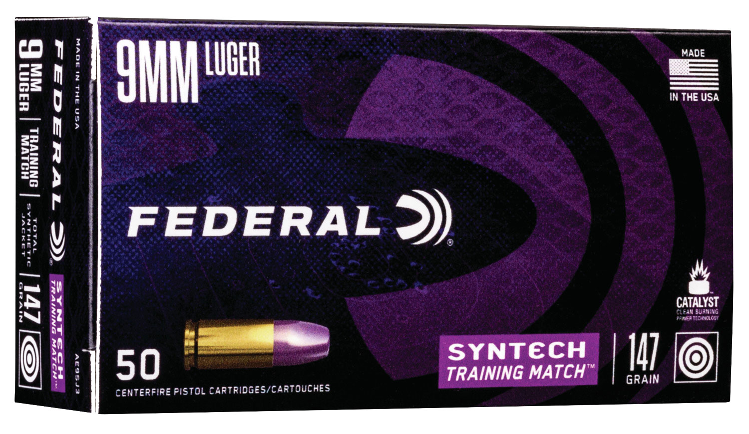 Federal Syntech Training Pistol Ammunition AE9SJ3, 9mm, Total Syntech Jacket (TSJ), 147 gr, 1000 fps, 50 Rd/Bx