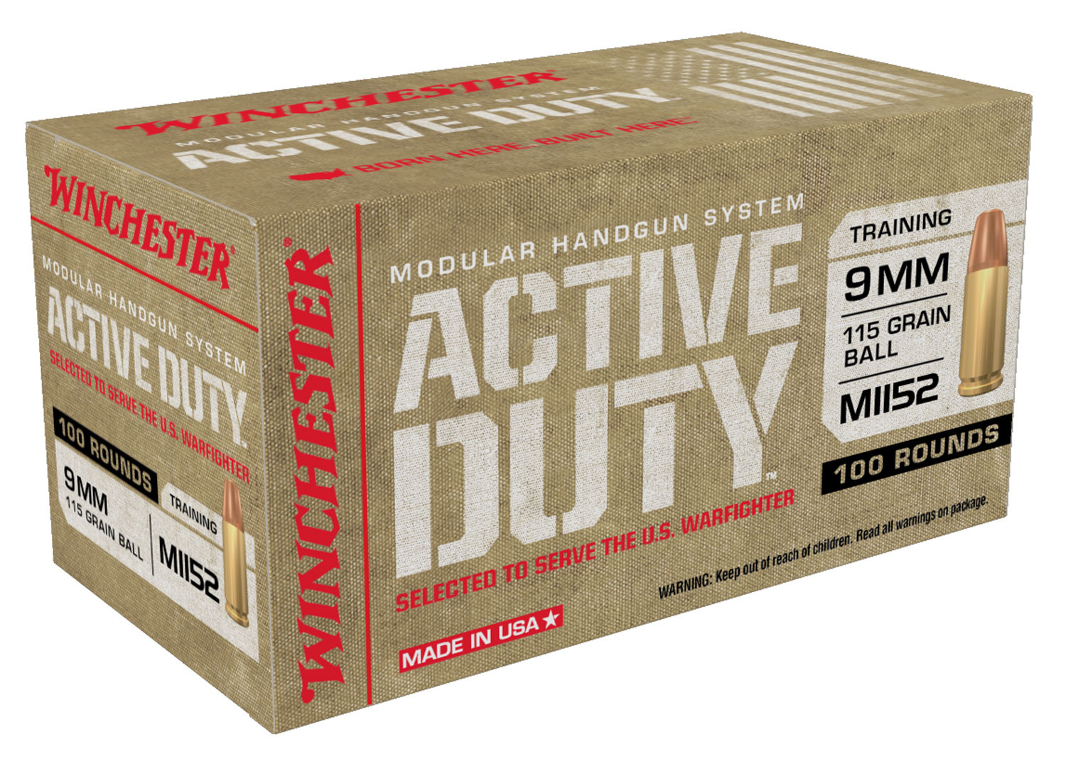 Winchester Active Duty Pistol Ammunition WIN9MHSC, 9mm Luger, Full Metal Jacket Flat Nose (FMJFN), 115 gr, 1320 fps, 100 Rd/Bx