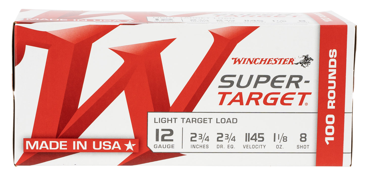 Winchester Super Target Shotshells TRGT128VP, 12 Gauge, 1/8 oz, 1145 fps, #8 Lead Shot, 100 Rds/Bx