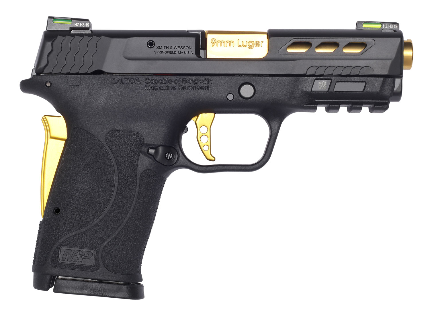 Smith and Wesson M&P 9mm Shield EZ M2.0 Performance Center Pistol 13228, 9mm Luger, 3.83", Black Polymer Grips, Black/Gold Finish, 8 Rds, No Manual Safety