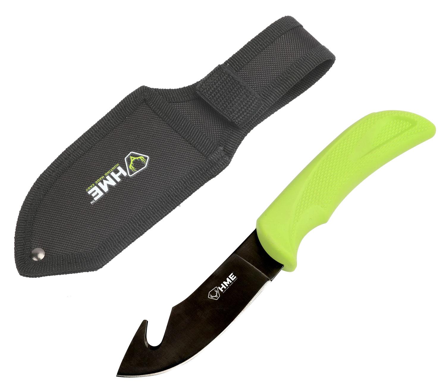 HME Gut Hook Fixed Blade Plain Edge Knife w/Black Oxide Finish, Green Handle (KNFBGH)