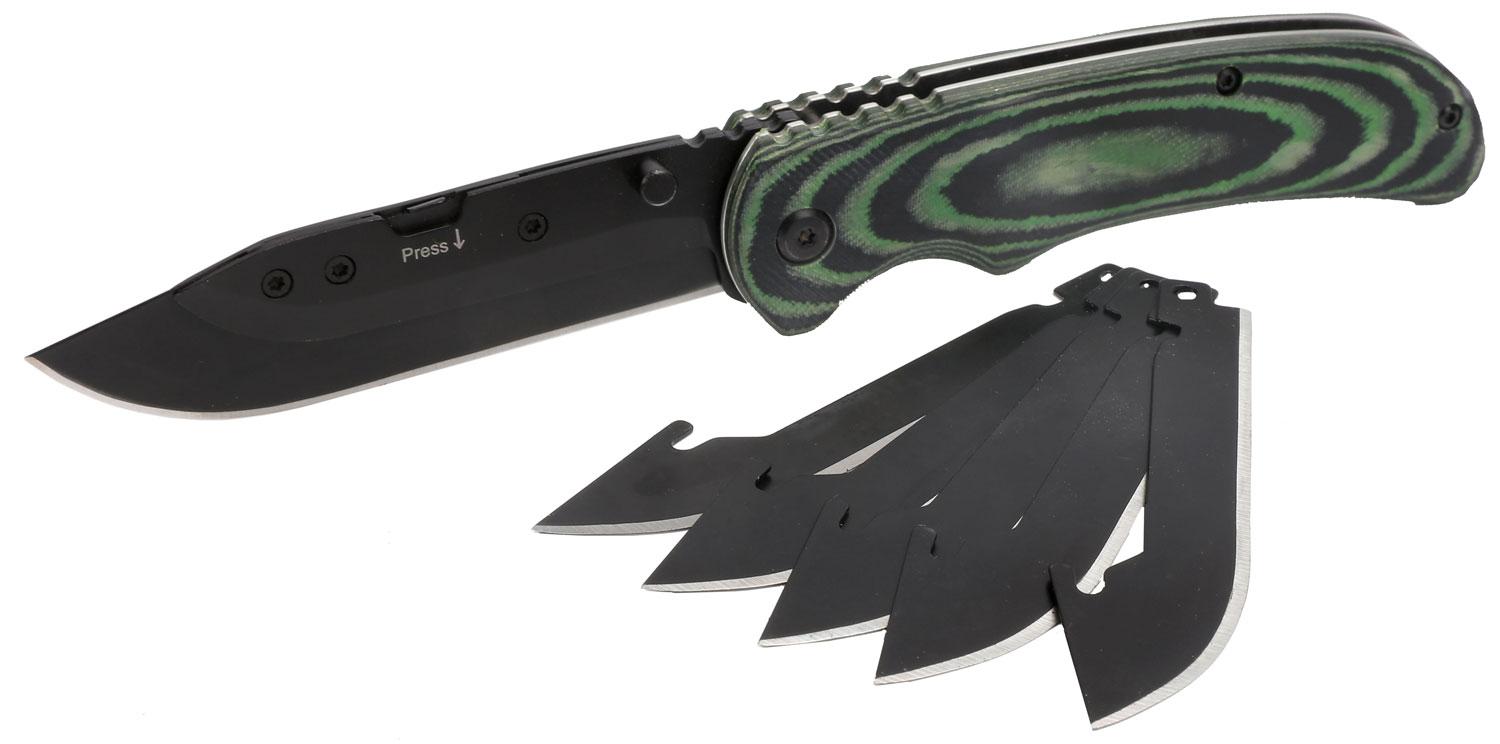 HME Folding Scalpel Knife w/Replacement Blades (KNSSK) Black Oxide Blade, Green Micarta Handle