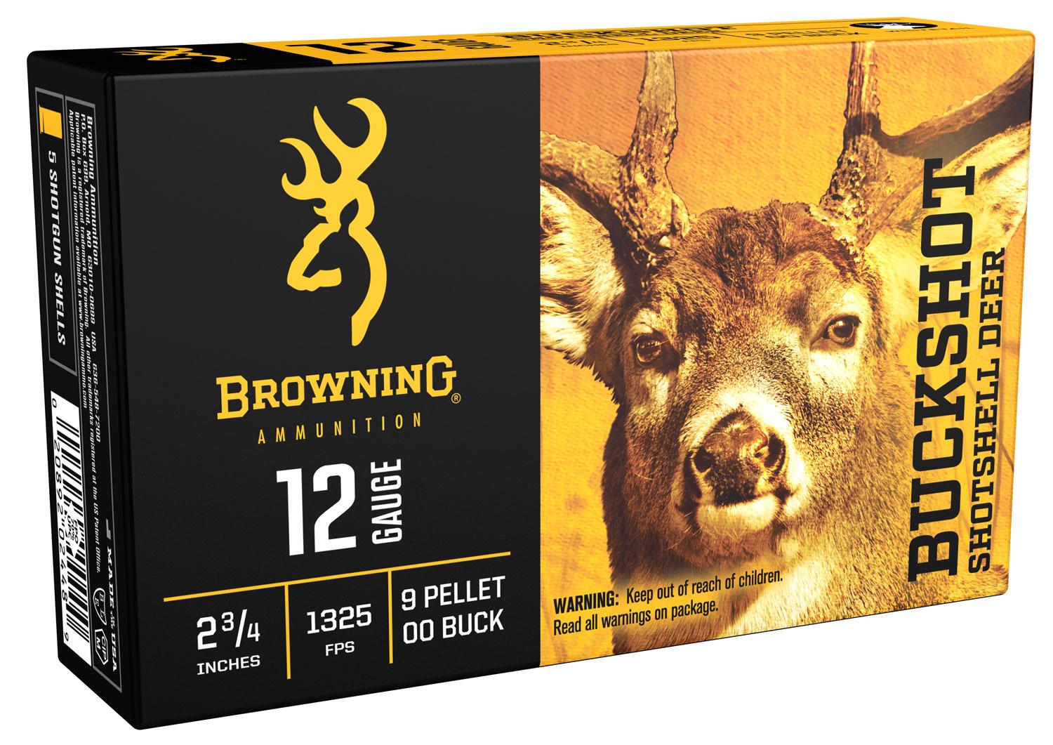 Browning Buckshot Shotshells B193111220, 12 Gauge, 2-3/4", 9 Pellets, 1325 fps, #00 Lead Shot, 5 Rds/bx