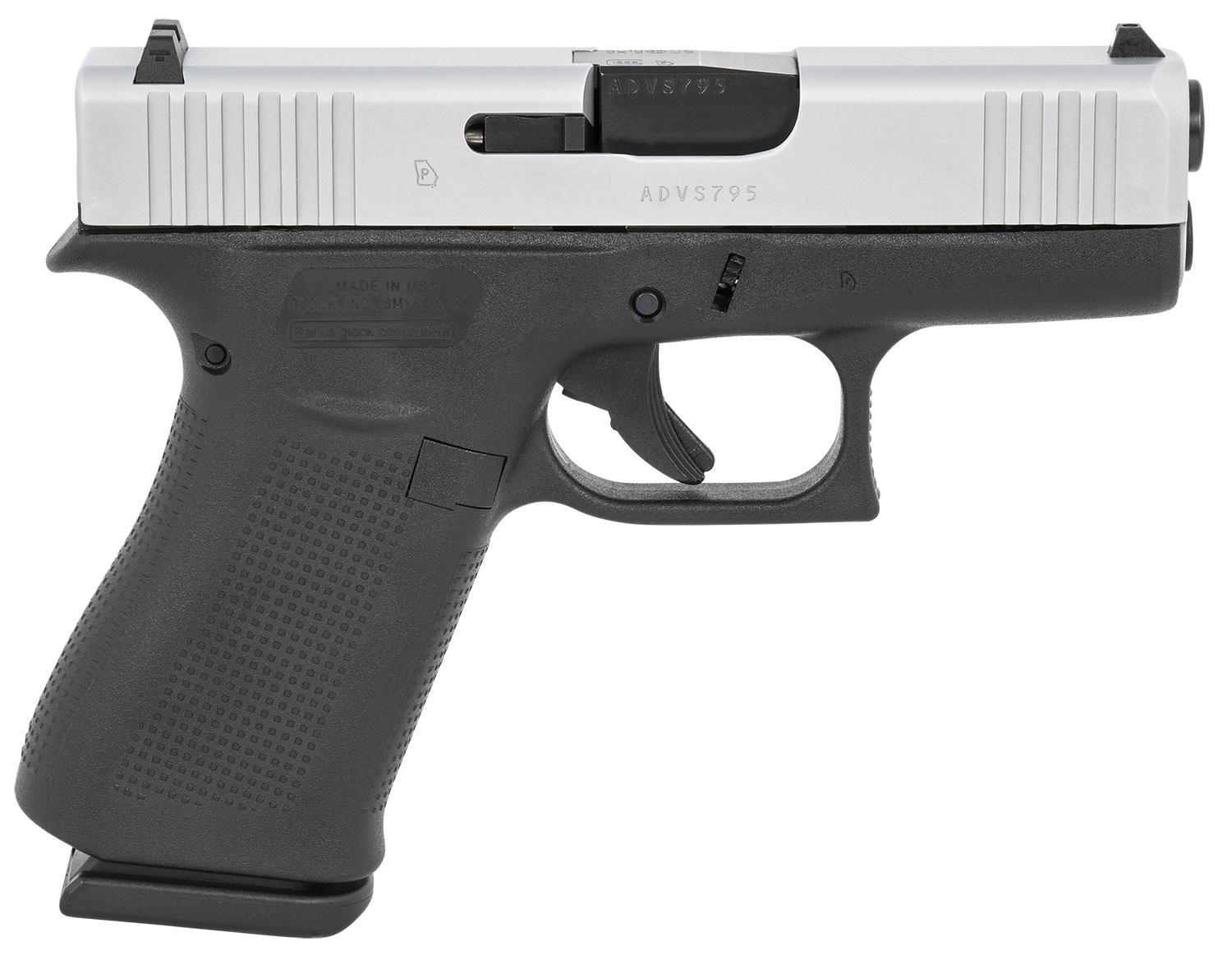 Glock G43X Subcompact Pistol UX435SL201, 9mm Luger, 3.41", Black Beavertail Grips, Silver PVD Finish, 10 Rds