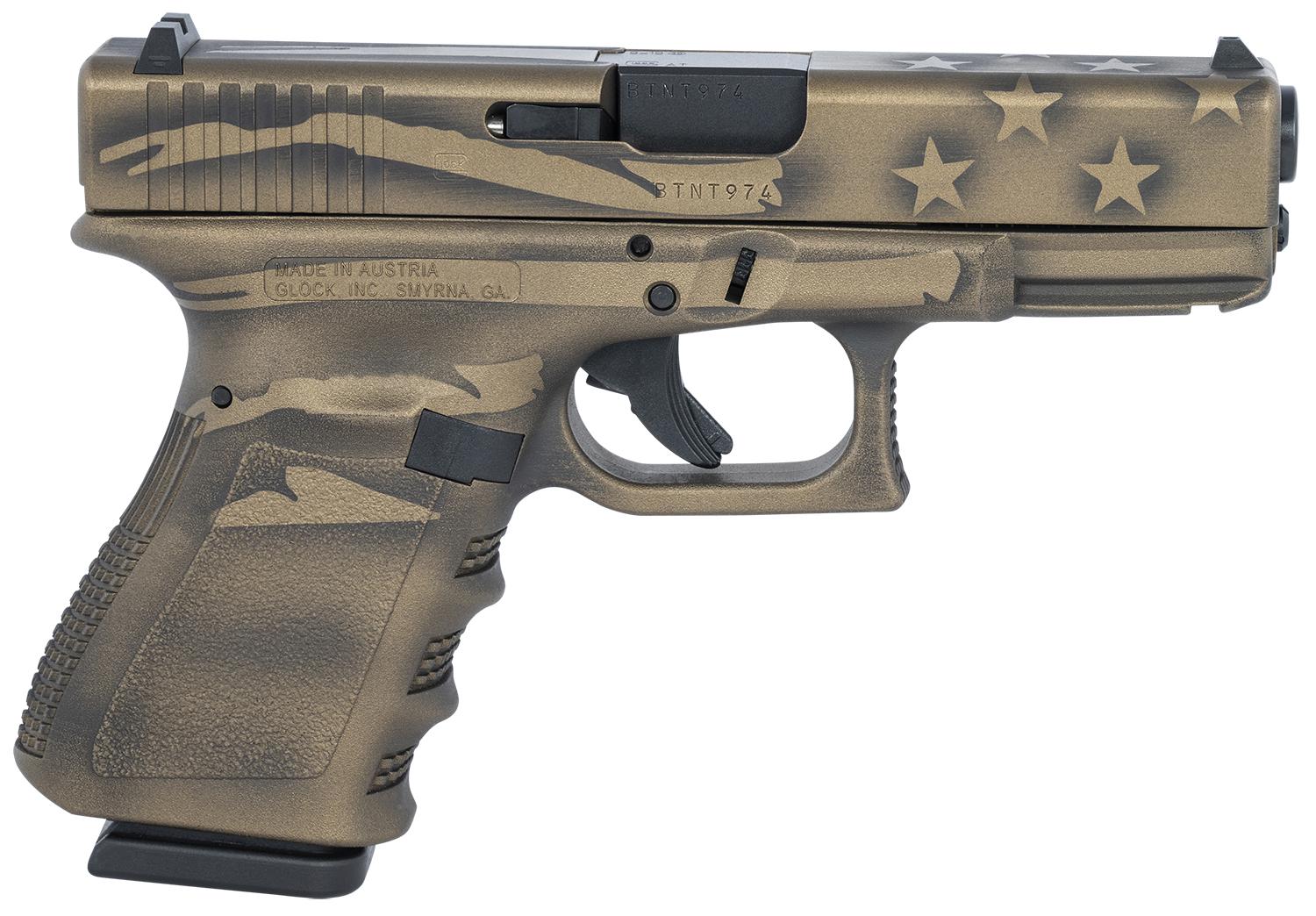 Glock G19 Gen3 Compact Pistol PI1950204BBBWFLAG, 9mm Luger, 4.02", Tan Battle Worn Flag Cerakote, 15 Rds