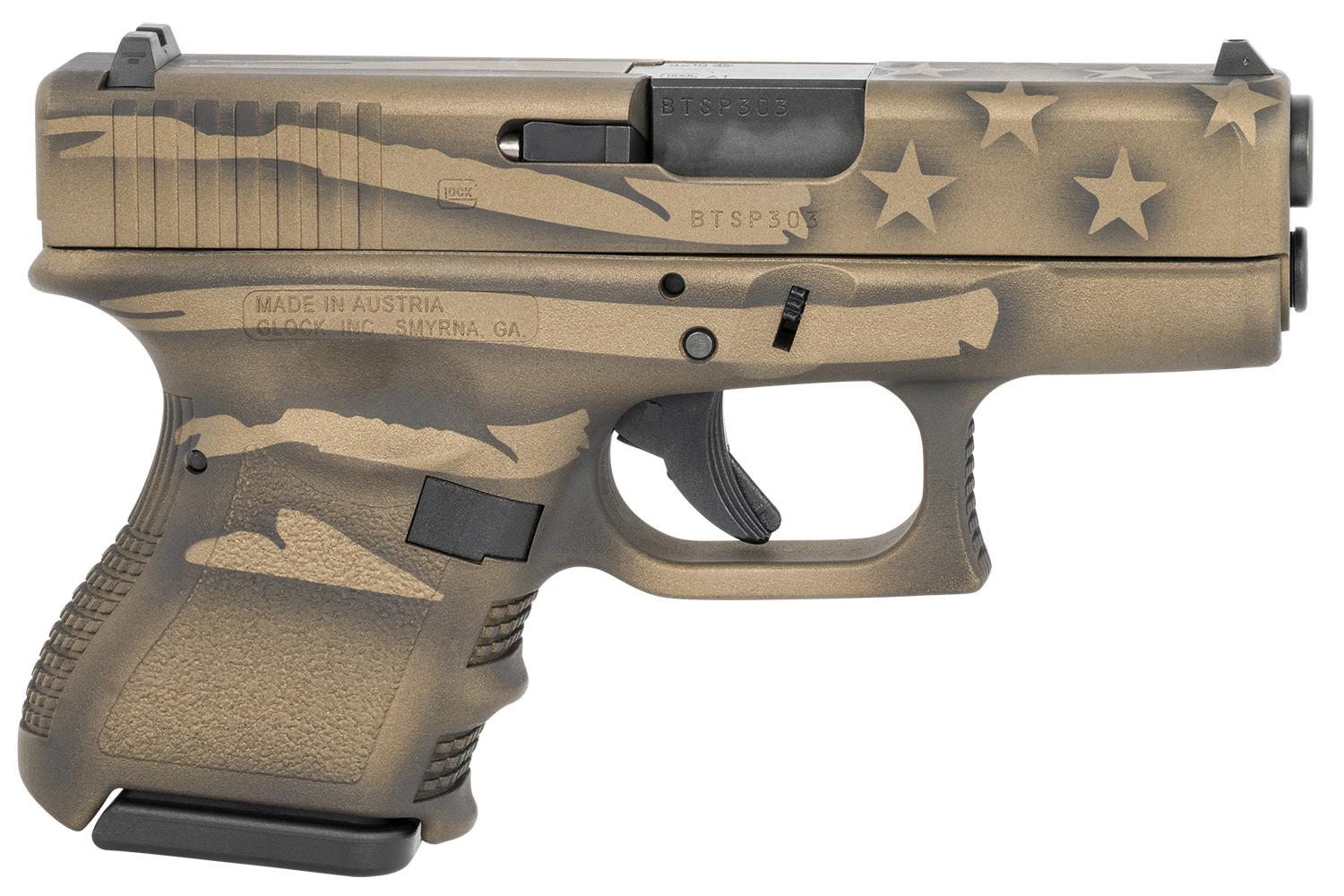 Glock G26 Gen3 Subcompact Pistol PI2650204BBBWFLAG, 9mm, 3.43", Coyote Battle Worn Flag Cerakote, 10 Rds