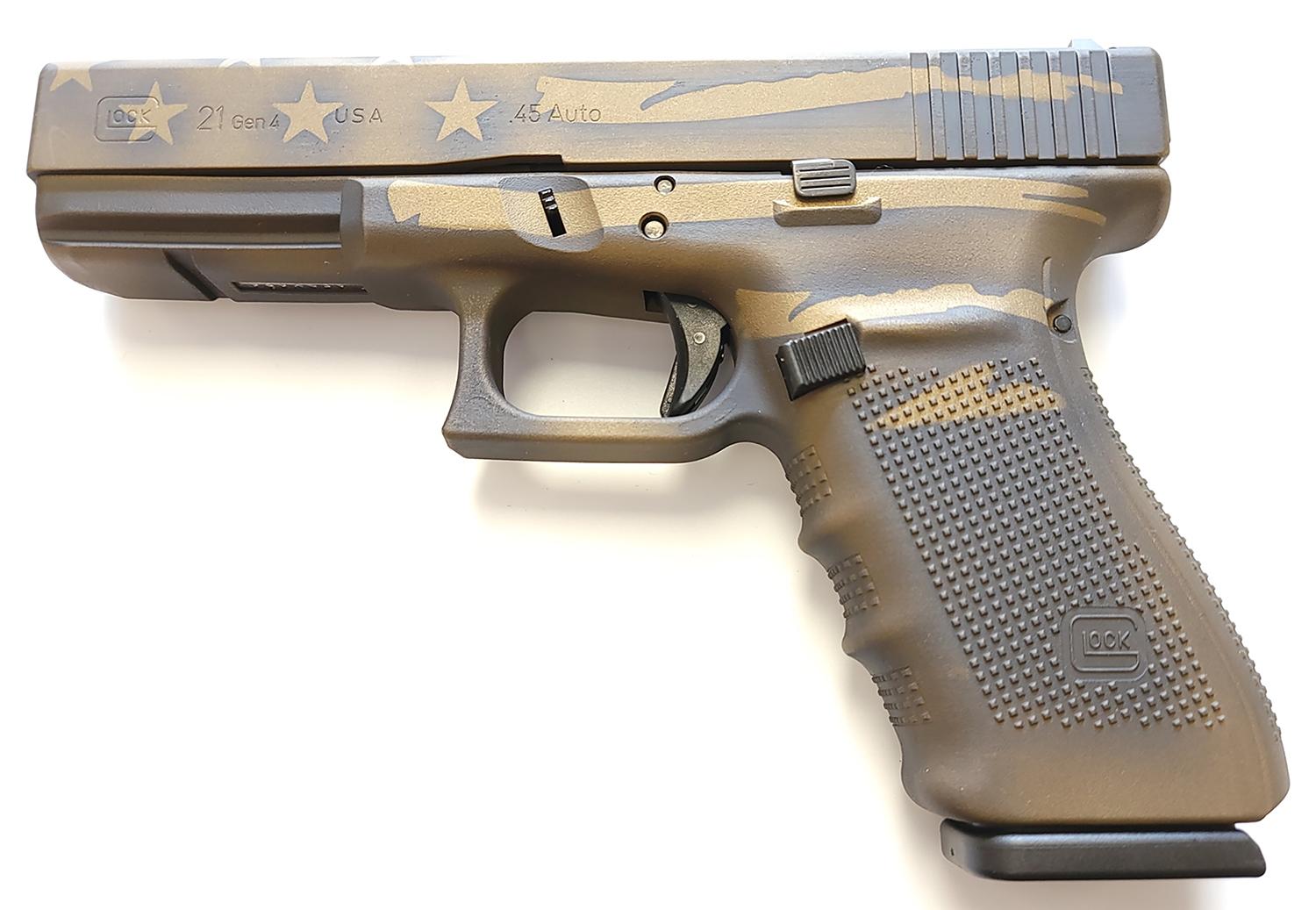 Glock G21 Gen4 Pistol UG2150204BBBWFLAG, 45 ACP, 4.61", Black/Coyote Battle Worn Flag Cerakote, 13 Rds