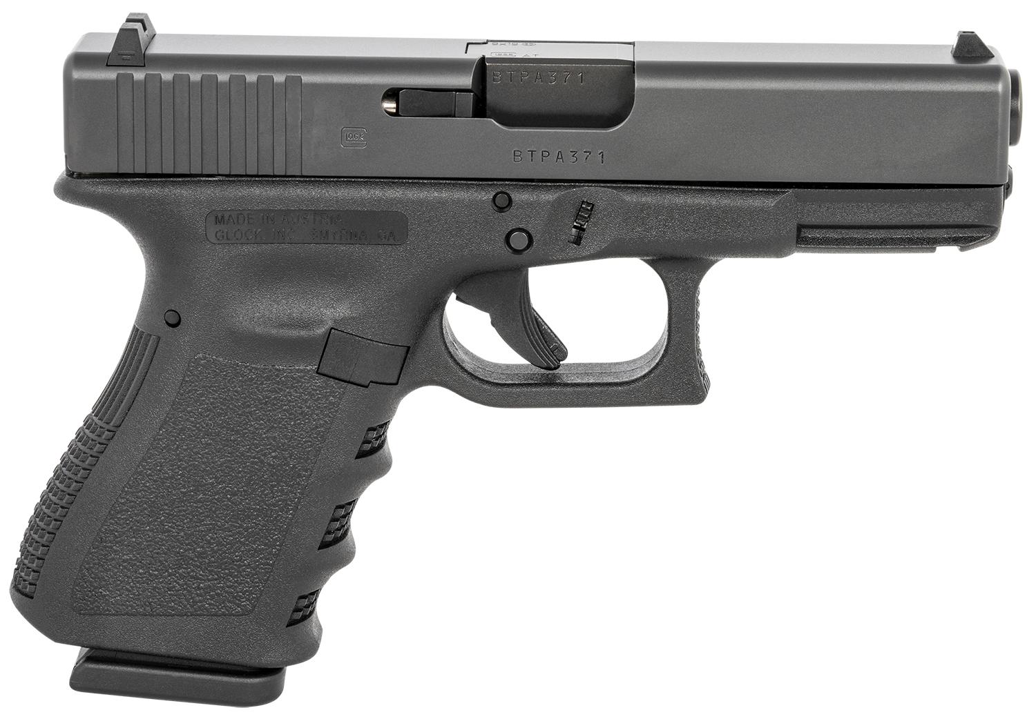 Glock G19 Gen3 Compact Pistol G1915AUT, 9mm Luger, 4.02", Finger Grooved Grips, Matte Black Finish, 15 Rds