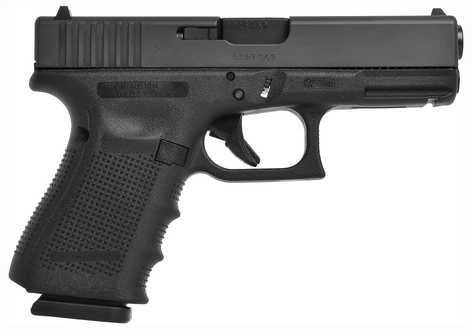 Glock G19 Gen4 Compact Pistol G19415US, 9mm Luger, 4.02", Interchangeable Backstrap, Matte Black, 15 Rds