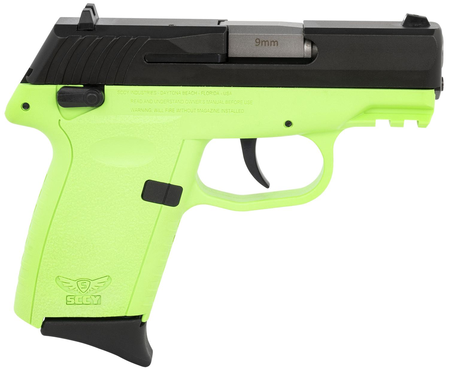 SCCY Industries CPX-1 Gen3 Pistol CPX1CBLGG3, 9mm Luger, 3.10", Lime Green Grips, Black Finish, 10 Rds