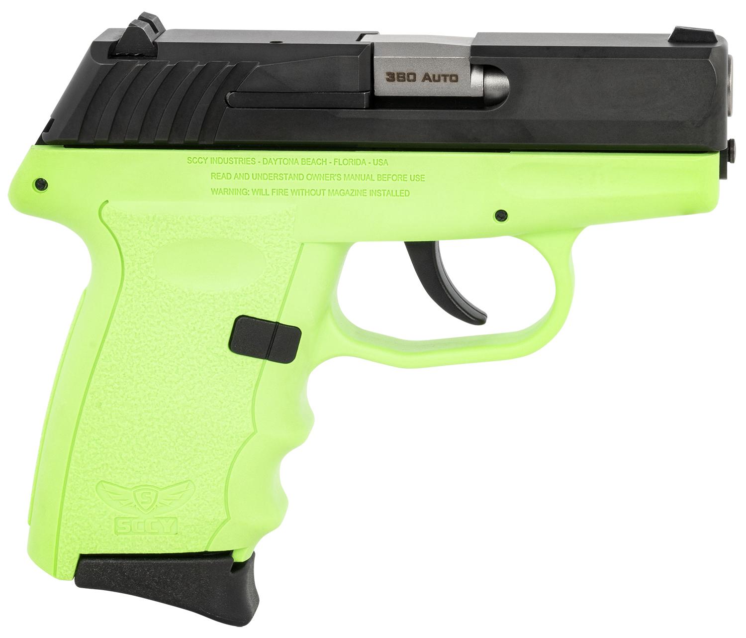 SCCY Industries CPX-3 Pistol CPX3CBLG, 380 ACP, 3.10", Lime Green Polymer Grips, Black Nitride Finish, 10 Rds