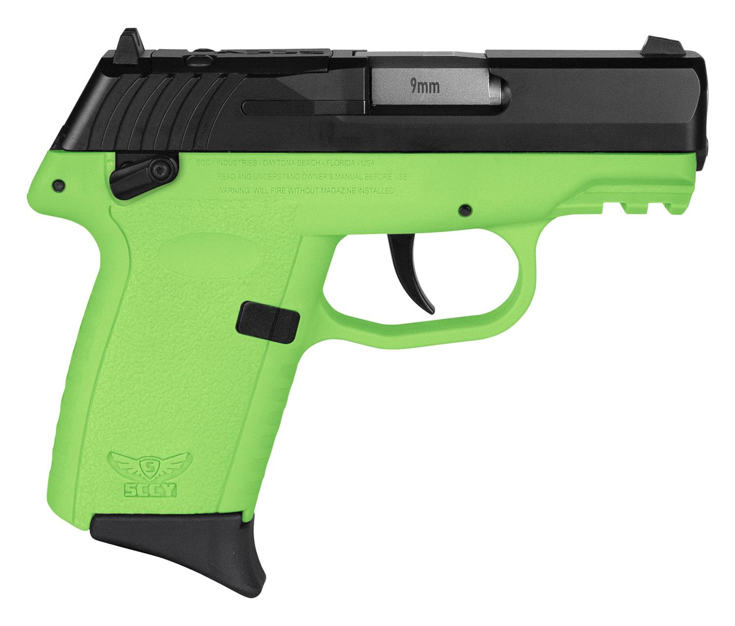 SCCY Industries CPX-1 Gen3 RDR Pistol CPX1CBLGRDRG3, 9mm, 3.10", Lime Green Grips, Black Finish, 10 Rds
