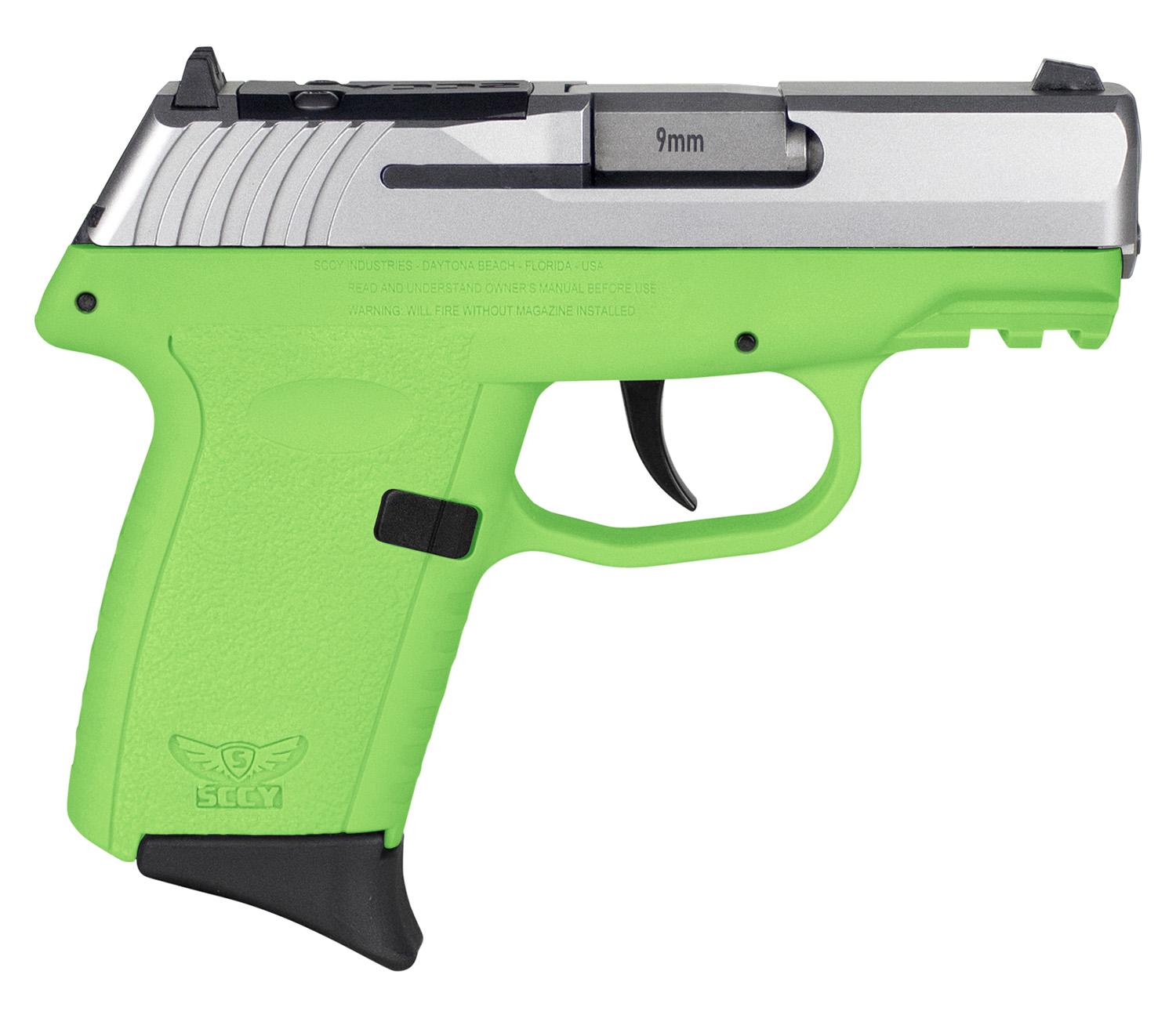SCCY Industries CPX-2 Gen3 RDR Pistol CPX2TTLGRDRG3, 9mm, 3.10", Lime Green Grip, Stainless Finish, 10 Rds