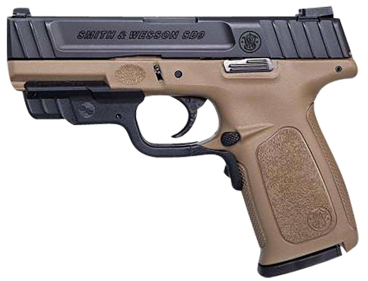 Smith and Wesson SD Pistol 12400, 9mm Luger, 4", FDE Textured Polymer Grips, Black Armonite Finish, 16 Rds