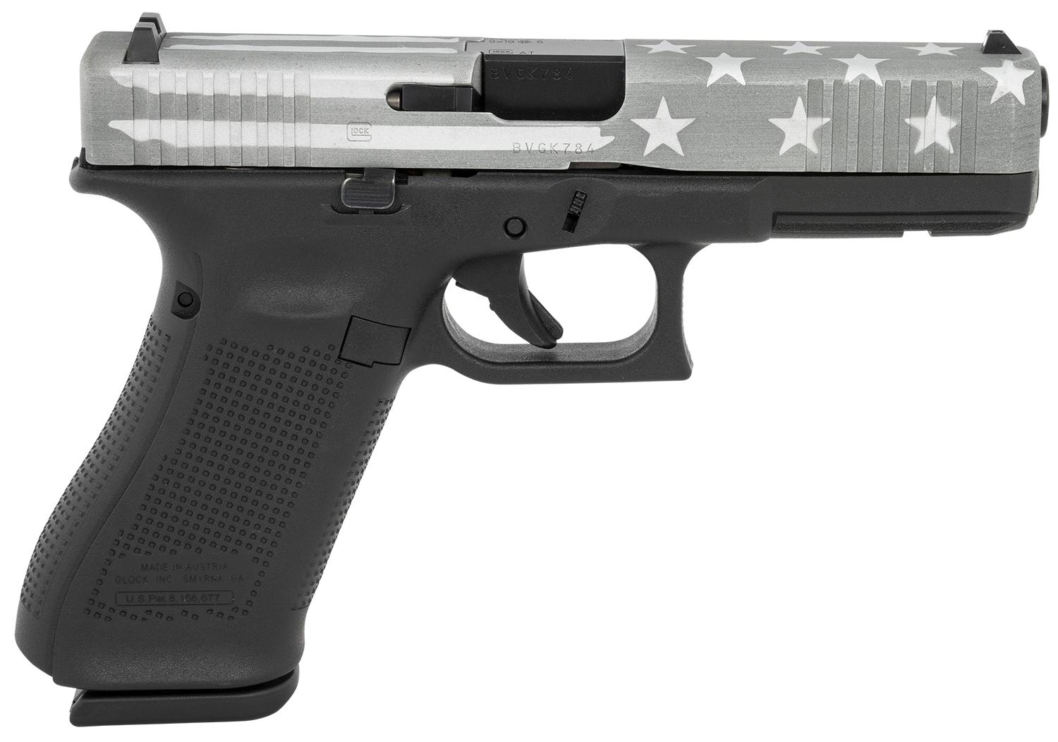 Glock 17 Gen5 Pistol PA175S204BWFS, 9mm, 4.49", Gray Battle Worn Flag Serrated Slide, Black Polymer Frame, 17 Rds