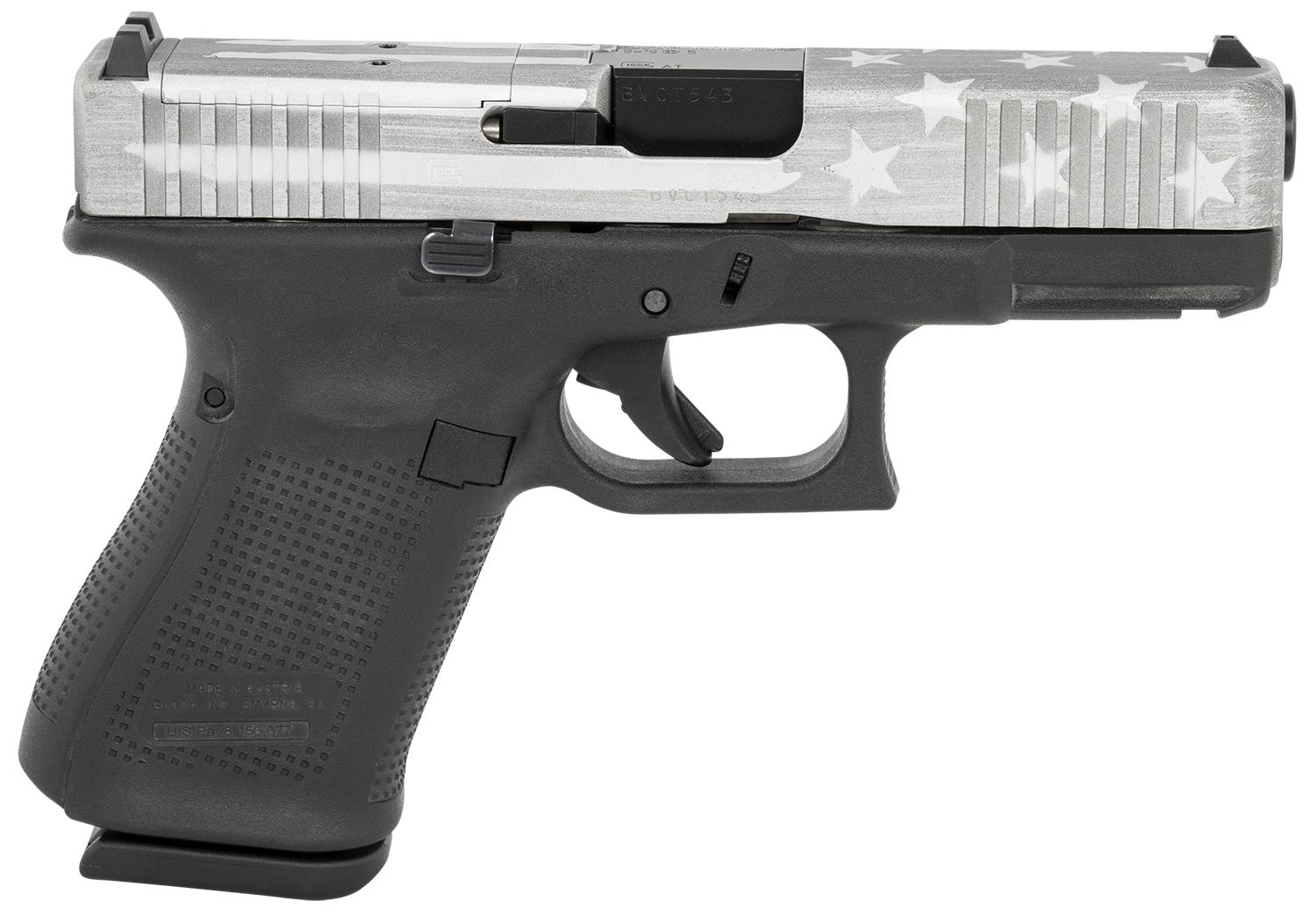 Glock 19 Gen5 Pistol PA195S204MOSBWFS, 9mm, 4.02", Gray Battle Worn Flag Serrated Slide, Black Poly Frame, 15 Rds
