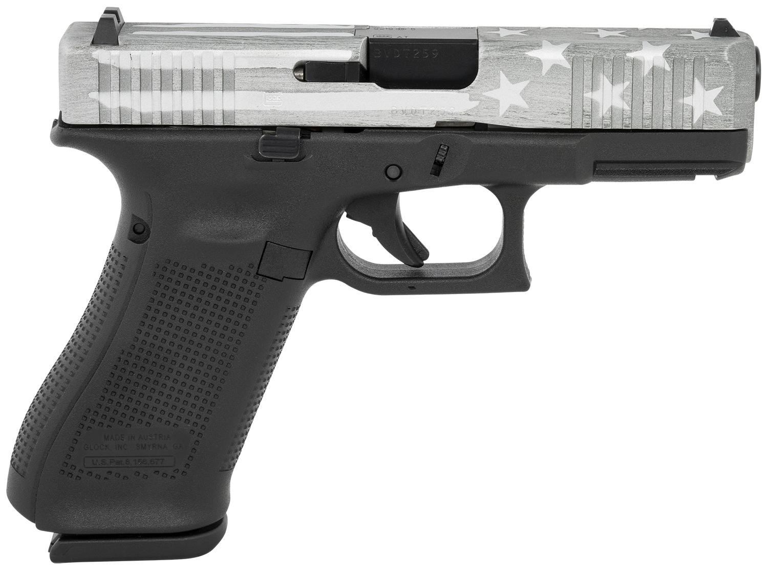 Glock 45 Pistol PA455S204BWFS, 9mm, 4.02", Gray Battle Worn Flag Serrated Slide, Black Polymer Frame, 17 Rds