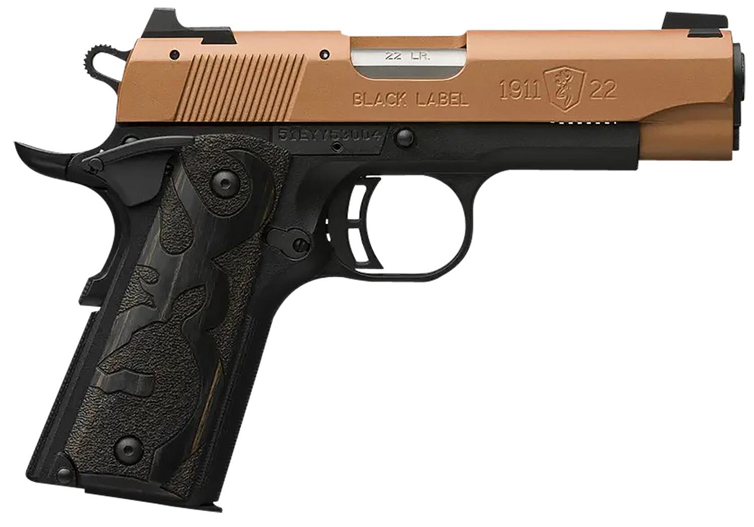 Browning Arms 1911 Black Label Pistol 051896490, 22 LR, 3.63", Black Laminate Wood Grips, Matte Black Finish, Copper Cerakote Slide, 10 Rds