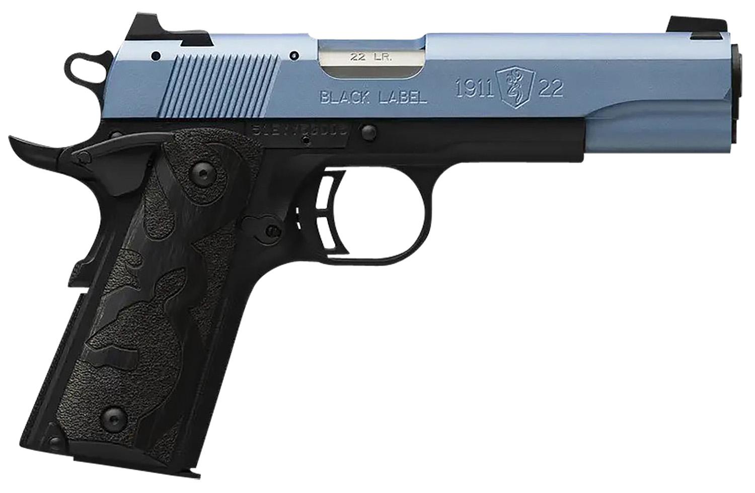 Browning Arms 1911 Black Label Pistol 051897490, 22 LR, 4.25", Black Laminate Wood Grips, Polar Blue Cerakote Slide, 10 Rds