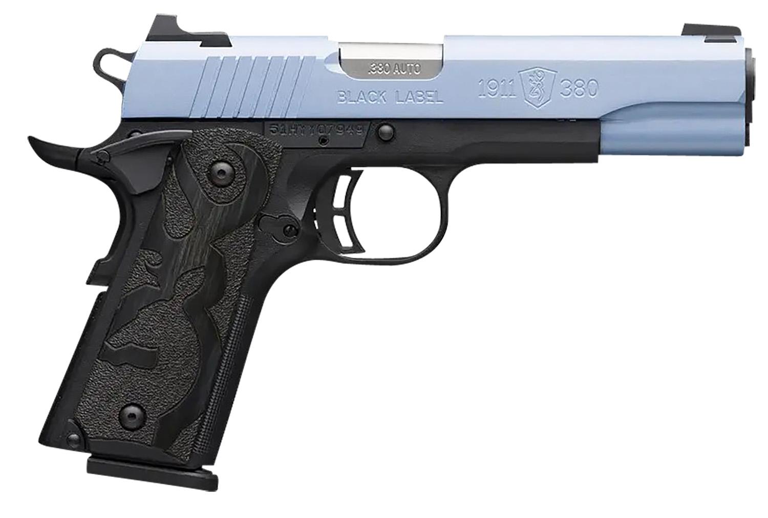 Browning Arms 1911 Black Label Pistol 051989492, 380 ACP, 3.63", Black Laminate Wood Grips, Polar Blue Cerakote Slide, 10 Rds