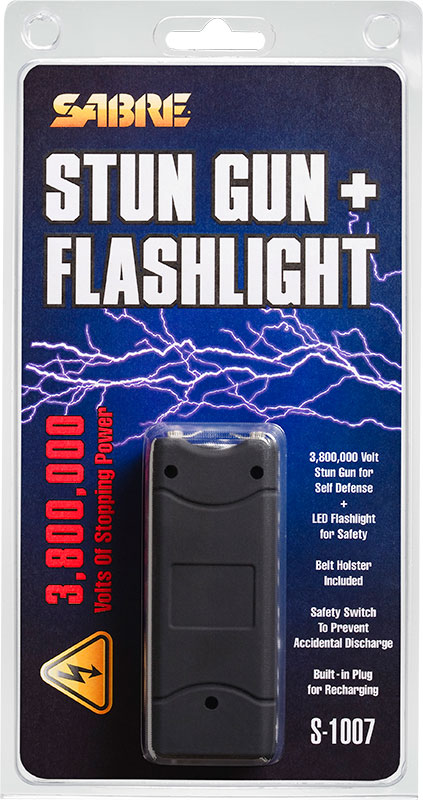 Sabre 3.8 Million Volt Stun Gun (S-1007-BK), Built-in LED Flashlight, Includes Recharging Plug/Belt Holster