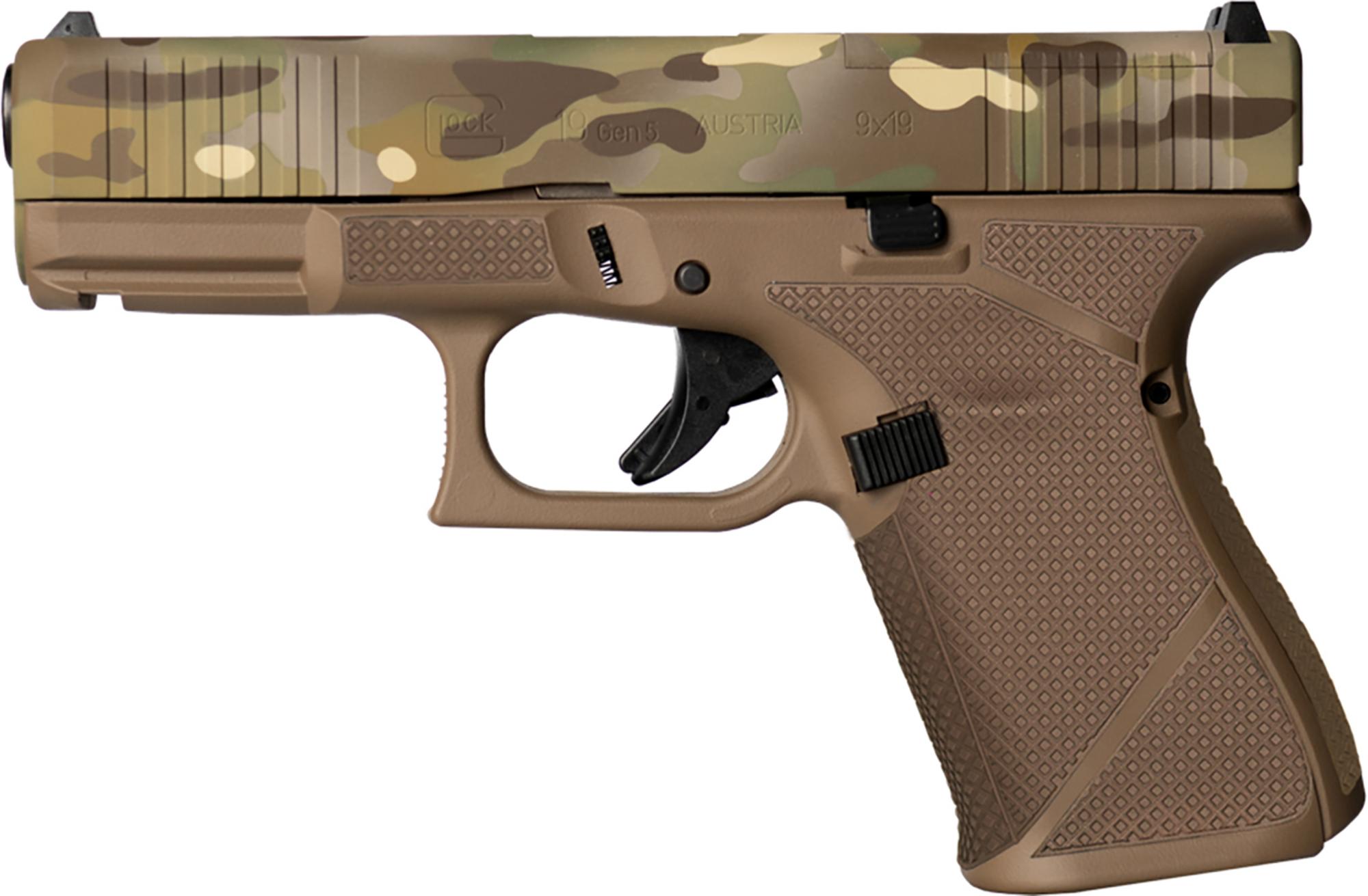 Glock 19 Gen5 MOS, 9mm 15+1 4.02" GMB Barrel, Serrated Camo Slide, FDE Polymer Frame w/Picatinny Rail, PA195S204MOSNMCFDE 