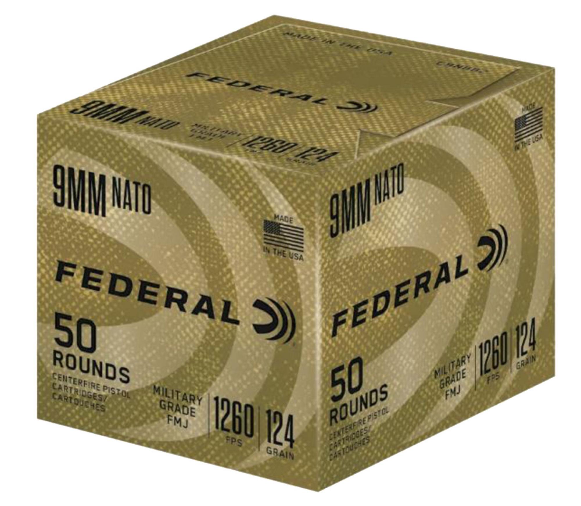 Federal Military Grade Pistol Ammunition C9N882, 9mm Luger, Full Metal Jacket, 124 gr, 1260 fps, 50 Rd/Bx
