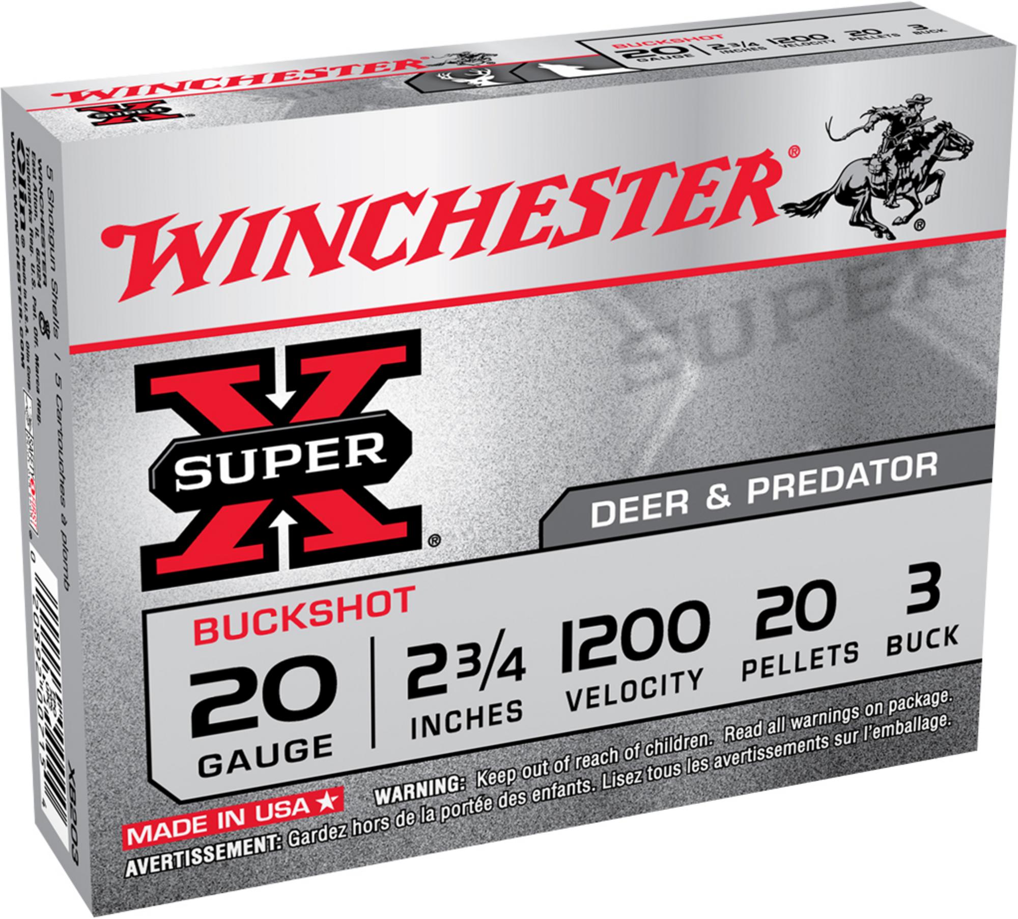 Winchester Super-X Shotshells XB203VP, 20 Gauge, 2-3/4", 20 Pellets, 1200 fps, #3 Buck, 15 Rds/box