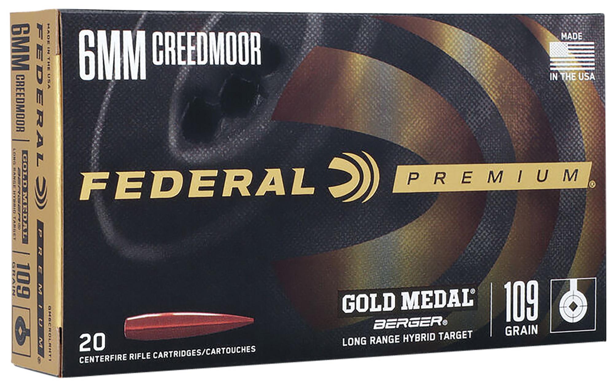 Federal Premium Gold Medal Rifle Ammunition GM6CRDLRHT1, 6mm Creedmoor, Berger Long Range Hybrid Target, 109 gr, 2975 fps, 20 Rd/Bx