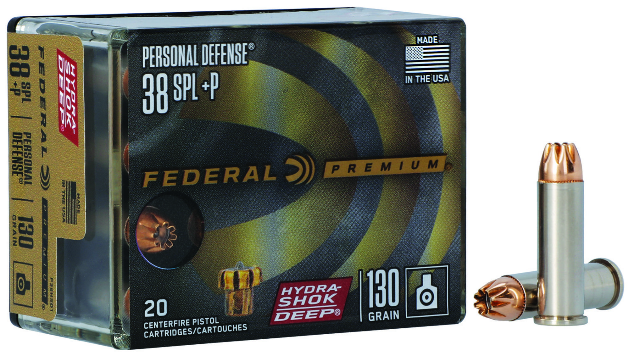 Federal Premium Pistol Ammunition P38HSD1, 38 Special, Hydra-Shok Deep Hollow Point, 130 gr, 900 fps, 20 Rd/Bx